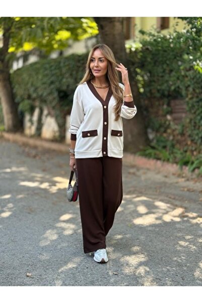 JANES Women's long sleeve ribbed cardigan with pocket detail and wide leg pants two-piece set