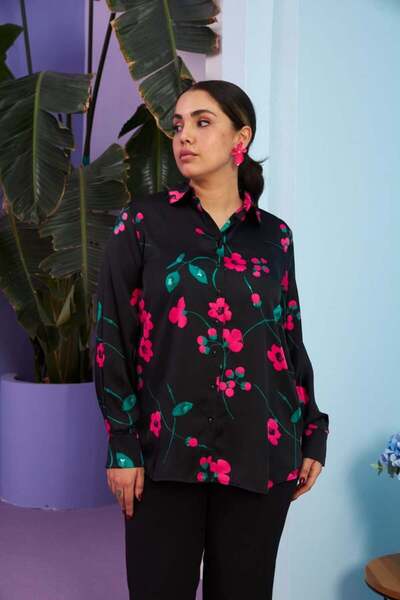 RMG Gamze Moda Flower Patterned Plus Size Satin Shirt