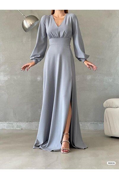 Modafeminen V-Neck Slit Long Evening Dress 582624 Gray