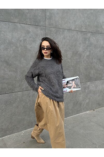 minaaise Pulover de pluș antracit pentru femei, cu gât rotund, 90
