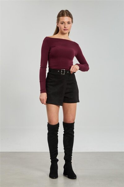 BARRELS AND OIL Kadın Kemerli Süet Şort Etek - Siyah