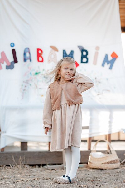 miabambim Kürklü Nubuk Kumaş Fiyonk Nakışlı Elbise Kahverengi