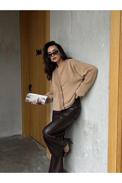 minaaise Women's Mink Gold Buttoned Cardigan Plush Textured 114