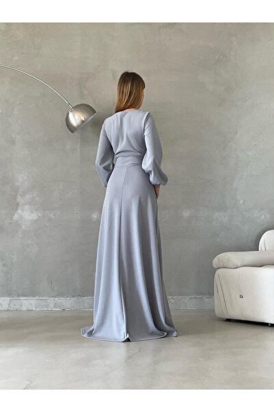 Modafeminen V-Neck Slit Long Evening Dress 582624 Gray