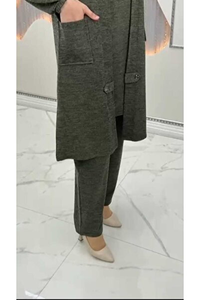 QUAWEAR Cardigan with Button Details on the Sides of the Collar, Pockets, and Pants with Elastic Waistband, Knitted Fabric, 3-Piece Set