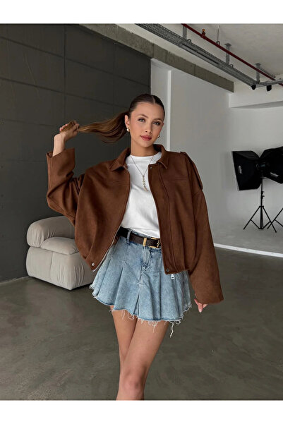 ASEDE سترة بومبر من جلد الغزال مع سحاب وأزرار كبس