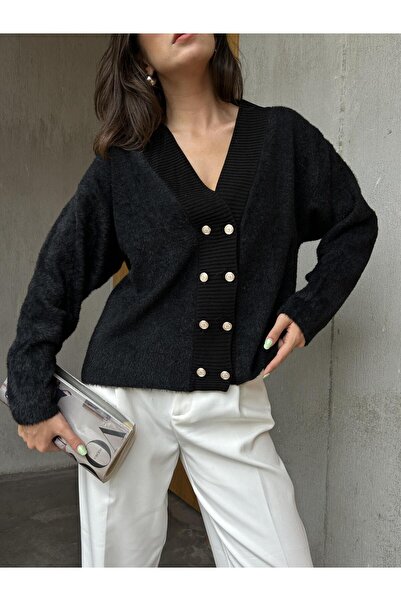 minaaise Γυναικεία ζακέτα με μαύρα χρυσά κουμπιά, βελούδινη υφή 114