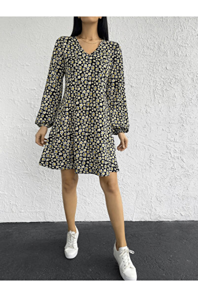 JANES Women's Long Sleeve V-neck Floral Patterned Helen Fabric Dress