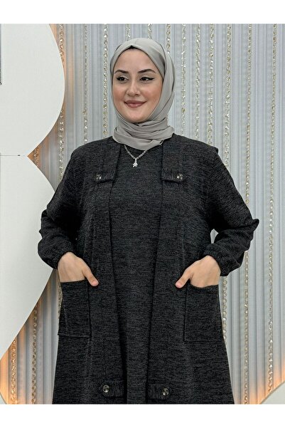 QUAWEAR Cardigan with Button Details on the Sides of the Collar, Pockets, and Pants with Elastic Waistband, Knitted Fabric, 3-Piece Set