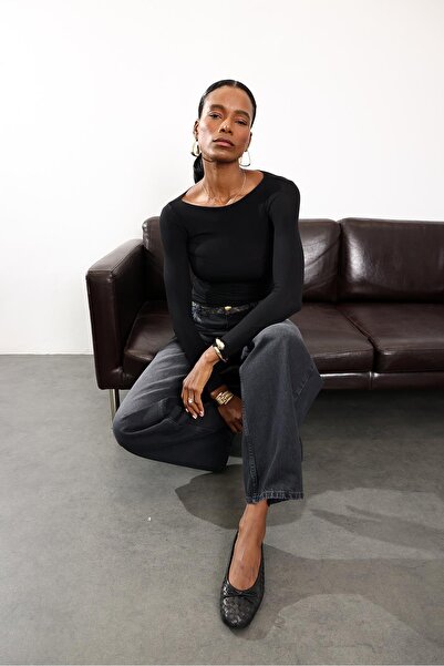 5in1Canpolat Black Boat Neck Transparent Blouse 25187