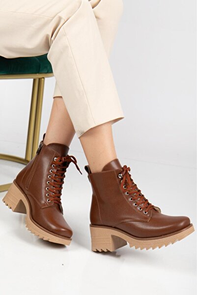 prenses shoes Kadın Chelsea Bot Taba Rengi Çilt Su Geçirmez Önden Bağcıklı Yandan Fermuarlı