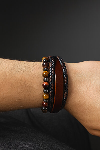 nss sky rock Kaplan Gözü Şahin Gözü Hematit Doğal Taş Örgü Deri Çelik Klipsli...