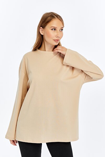 BASICA Clasy Beige Lacost Fabric Long Sleeve Crew Neck Basic Oversize T-Shirt