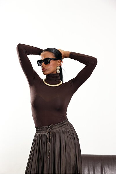 5in1Canpolat Bitter Brown High Neck Transparent Blouse 25226