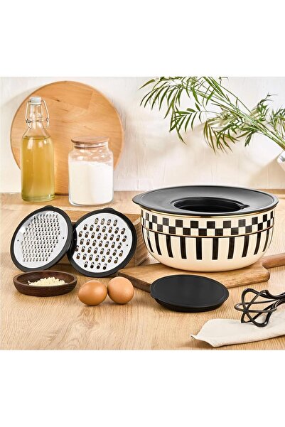 Altabi Prime Cream 5-Piece Grater Storage and Mixing Bowl Set – 24 cm and Enamel Serving Tray 28 cm