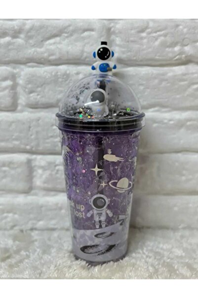 MutfakMarket Cup with Straw, Water Bottle, Cute Drinking Bowl, 450 Ml, with Double Astronaut Figures