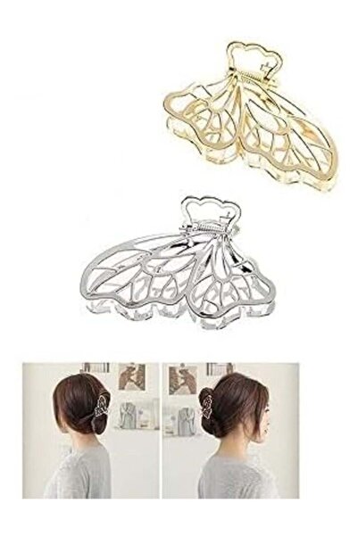 Mirfa Butterfly Shaped Large Metal Hair Clips (Golden And Silver - Pack of 2)