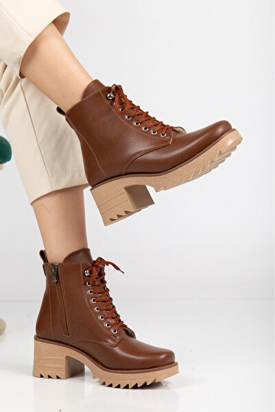 prenses shoes Kadın Chelsea Bot Taba Rengi Çilt Su Geçirmez Önden Bağcıklı Yandan Fermuarlı