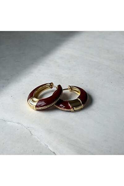 With Accessory Kararmaya Dayanıklı Zirkon Taşlı Bordo Vintage Küpe