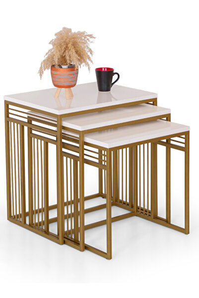 Mobievim Milano 3’lü Krem Üst Tabla Zigon Sehpa Takımı – Gold Metal Ayaklı Mo...