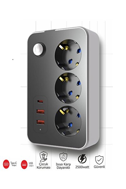 WINNBOSS Termal Akım Korumalı USB Ve Type-C 2.1A Şarj Çıkışlı 10A 2500W 3'Lü Uzatma Grup Priz 3414