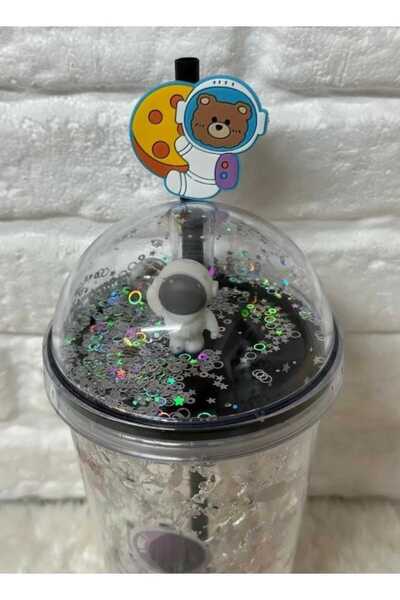 MutfakMarket Cup with Straw, Water Bottle, Cute Drinking Bowl, 450 Ml, with Double Astronaut Figures