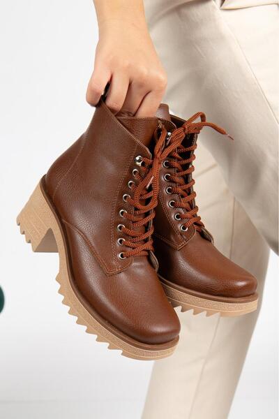 prenses shoes Kadın Chelsea Bot Taba Rengi Çilt Su Geçirmez Önden Bağcıklı Yandan Fermuarlı