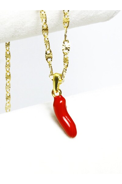 ILGIN DOĞAL TAŞ TAKI Altın Kaplama Zincirli Acı Biber Kolye | Nazar ve Şans Sembolü