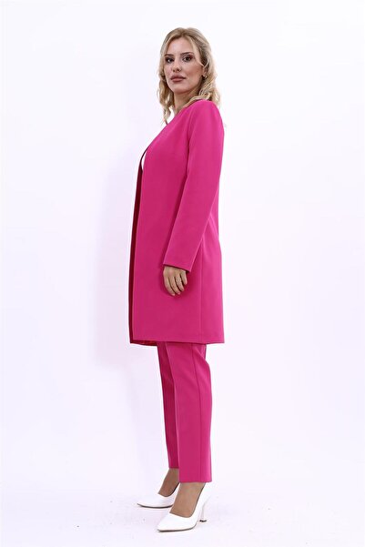 ÖNDER ÖZSOY Sıfır Yaka Düz Uzun Ceket & Dar Paça Pantolon-Fuşya