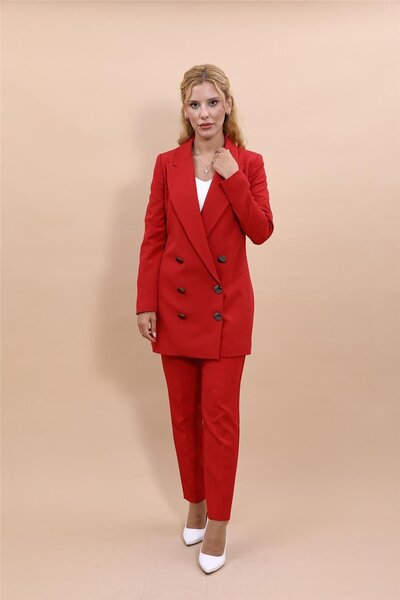 ÖNDER ÖZSOY Uzun Klasik Blazer Ceket & Boru Paça Pantolon Takım-Kırmızı