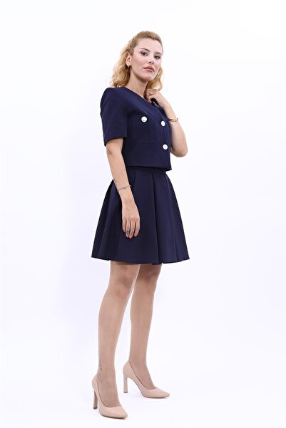 ÖNDER ÖZSOY V Yaka Kısa Ceket & Kısa Kloş Etek-Lacivert