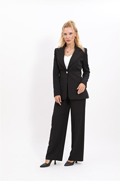 ÖNDER ÖZSOY Erkek Yaka Tek Düğmeli Klasik Ceket & Bol Paça Pantolon Takım-Siyah