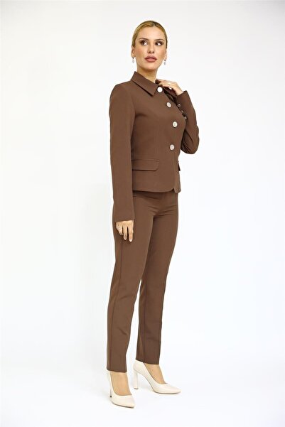 ÖNDER ÖZSOY Peplum Ceket & Boru Paça Pantolon Takım-Kestane