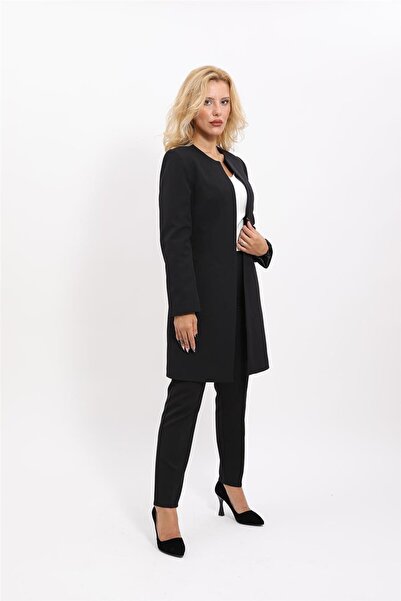 ÖNDER ÖZSOY Sıfır Yaka Düz Uzun Ceket & Dar Paça Pantolon-Siyah