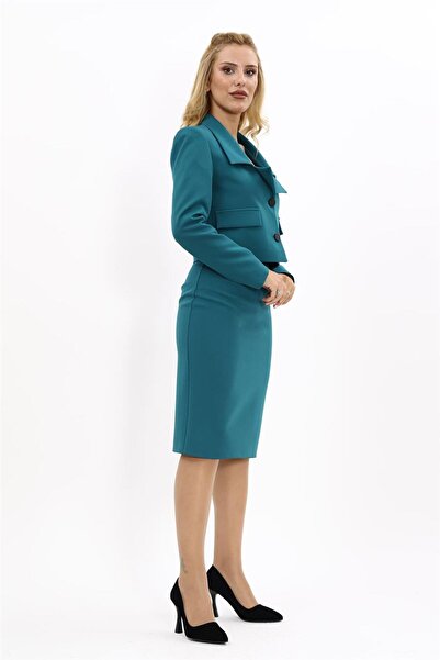 ÖNDER ÖZSOY Düşük Yaka Mini Ceket & Kalem Etek Takım-Petrol