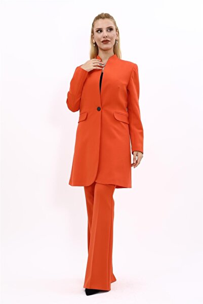 ÖNDER ÖZSOY Self-Standing Collar Single-Button Long Jacket & Spanish-Cut Trou...
