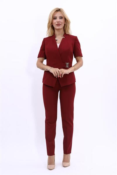 ÖNDER ÖZSOY Tokalı Kısa Kollu Ceket & Boru Paça Pantolon Takım-Bordo