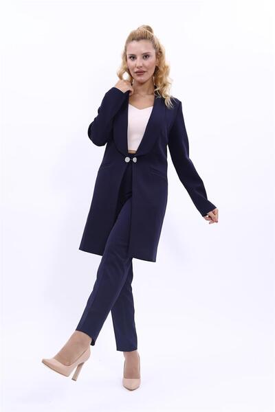 ÖNDER ÖZSOY Şal Yaka Cepli Uzun Ceket & Dar Paça Pantolon Takım-Lacivert