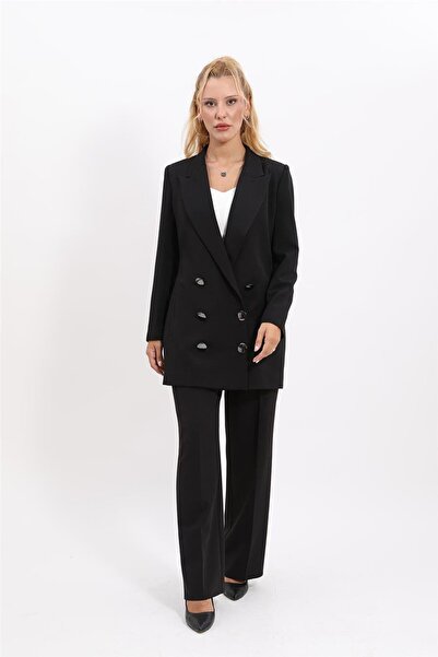 ÖNDER ÖZSOY Uzun Klasik Blazer Ceket & Bol Paça Pantolon Takım-Siyah