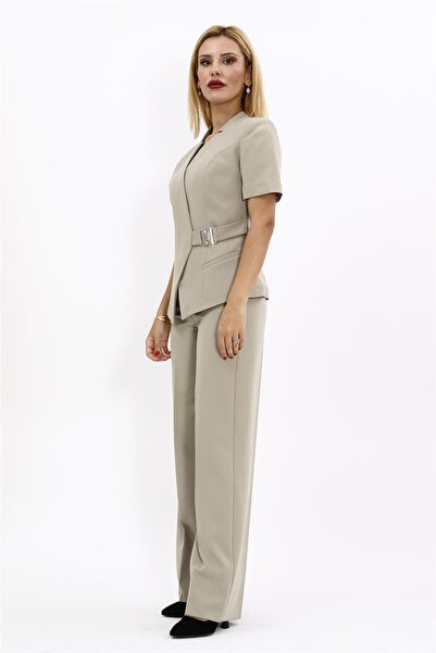 ÖNDER ÖZSOY Tokalı Kısa Kollu Ceket & Bol Paça Pantolon Takım-Bambu