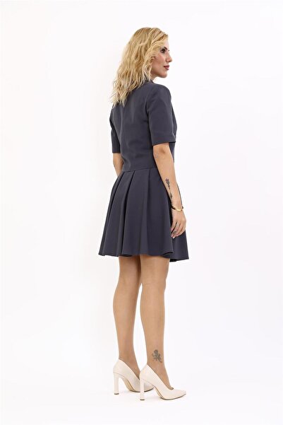 ÖNDER ÖZSOY Kısa Kollu Yakalı Mini Ceket & Kloş Kısa Etek Takım-Füme