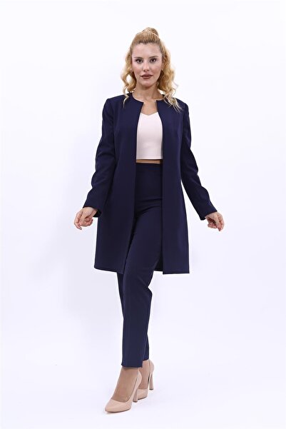 ÖNDER ÖZSOY Sıfır Yaka Düz Uzun Ceket & Dar Paça Pantolon-Lacivert