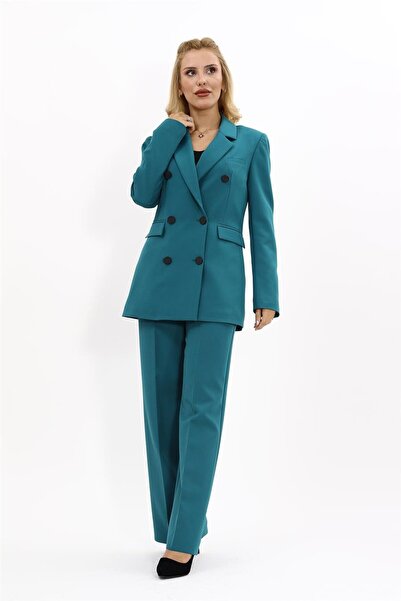 ÖNDER ÖZSOY Men's Collared Blazer Jacket & Flared Trousers - Petrol - 1034530
