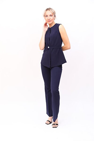 ÖNDER ÖZSOY Sıfır Yaka Kemerli Yelek & İspanyol Paça Pantolon-Lacivert