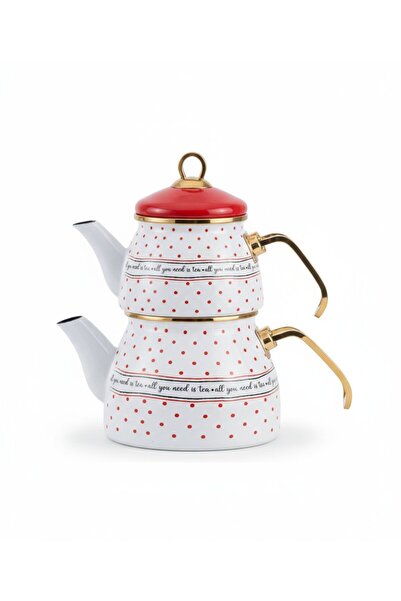 FAIR HOME Red and White Color Gold Detailed Polka Dot Enamel Teapot Set 2 Lt +1 Lt.