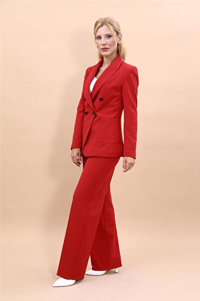ÖNDER ÖZSOY Cep Torbalı Ceket & Bol Paça Pantolon Takım-Kırmızı