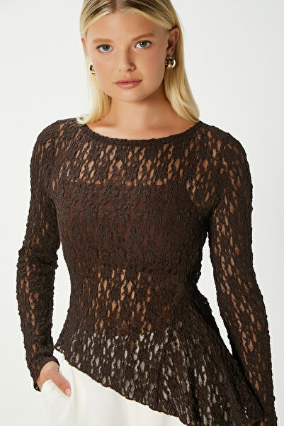 Ritnice Angel Asymmetrical Brown Long Sleeve Lace Top / Blouse
