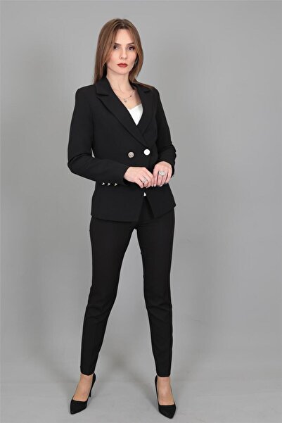 ÖNDER ÖZSOY Kurvaze Çapraz Ceket & Boru Paça Pantolon Takım-siyah