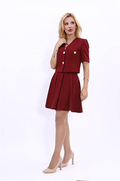 ÖNDER ÖZSOY V Yaka Kısa Ceket & Kısa Kloş Etek-Bordo