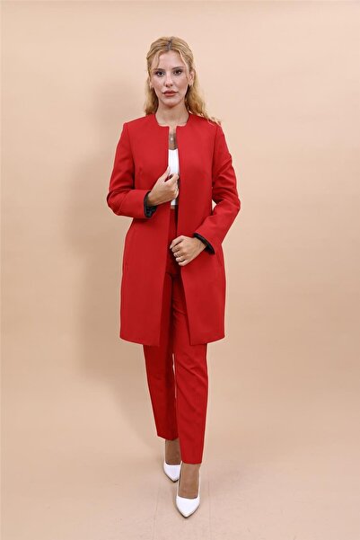 ÖNDER ÖZSOY Zero Collar Plain Long Jacket & Skinny Leg Pants - Red - 1005510